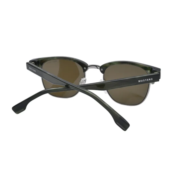 Back view of Mustang semi rimless sunglasses with crossed temples and green lenses