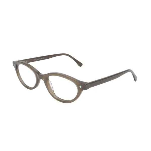 Side angle of see-through khaki plastic full frame with straight temples