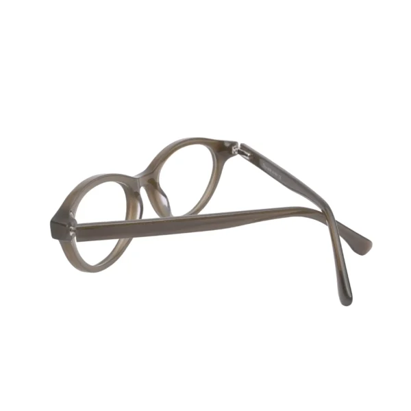 Close view of hinge area on translucent khaki oval frame