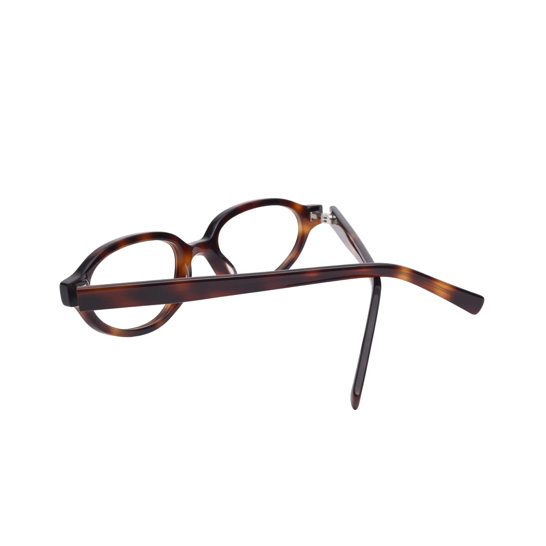 Hinge detail on dark tortoise oval plastic frame glasses