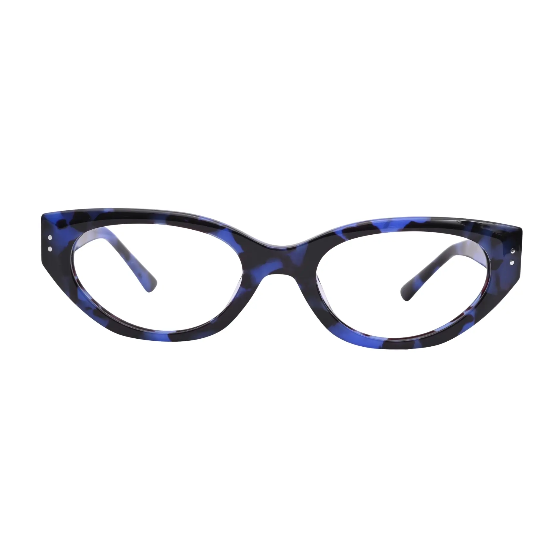 Blue tortoise cat eye frame front view