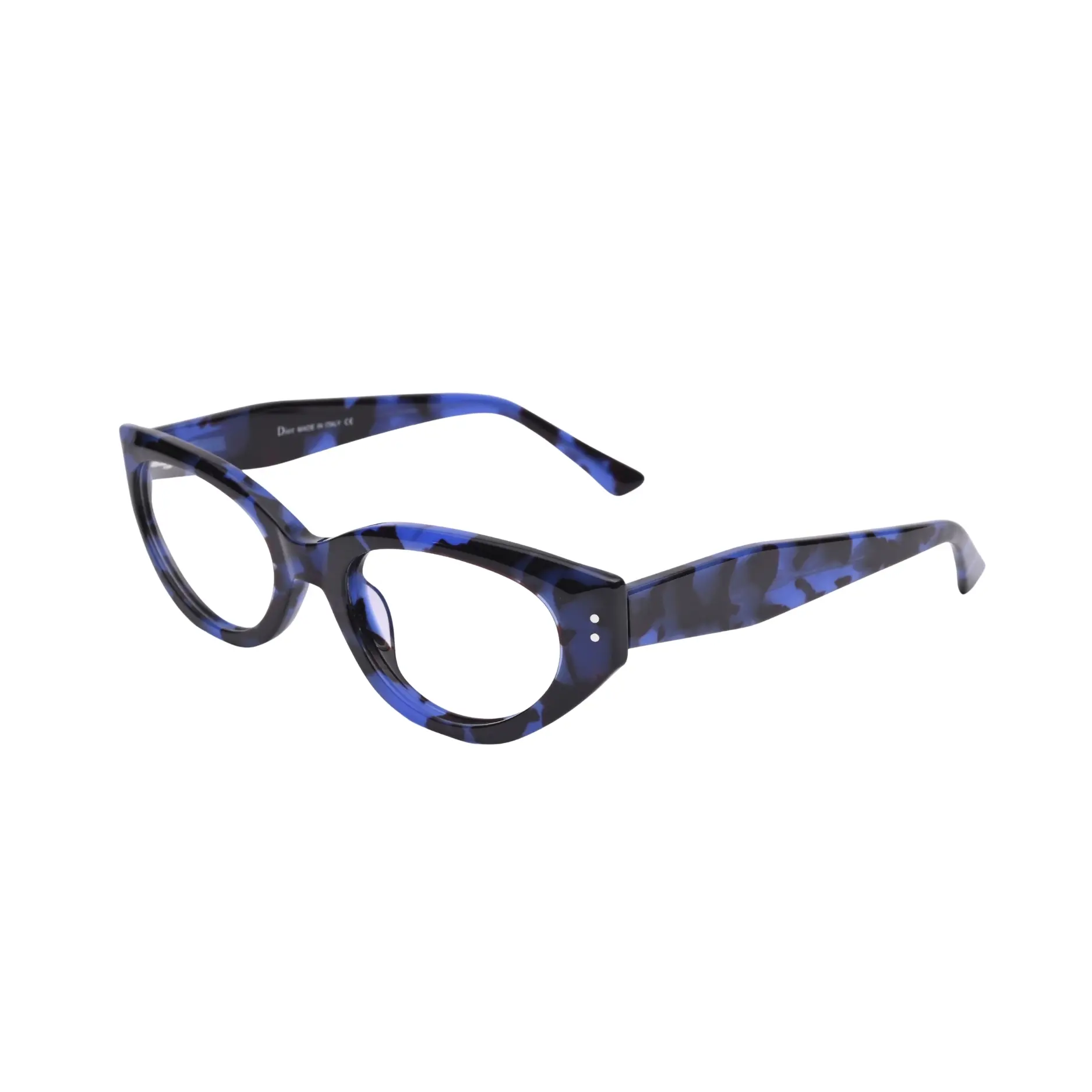 Side view of blue-black patterned full frame with temples