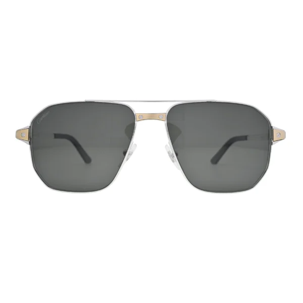 Cartier pilot sunglasses front view CT0424S001 with smoke polarized lenses and silver metal frame
