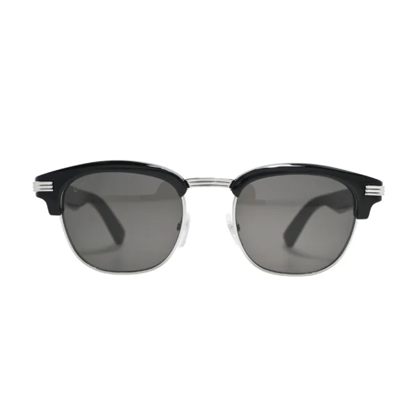 lack browline Cartier sunglasses men CT0496S001 front view with grey lenses and silver Godron hinge detail