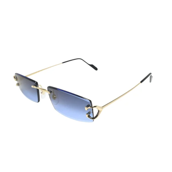 Three-quarter angle of Cartier CT0465S002 showing blue gradient lenses, gold C Décor hinge hardware and slim gold temple arm