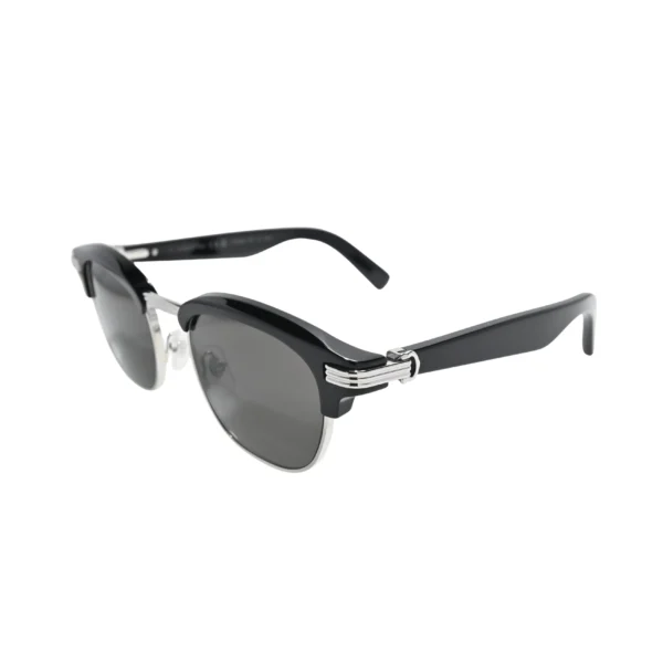 Side profile of Cartier CT0496S001 Première de Cartier showing ribbed silver hinge motif on black acetate temple