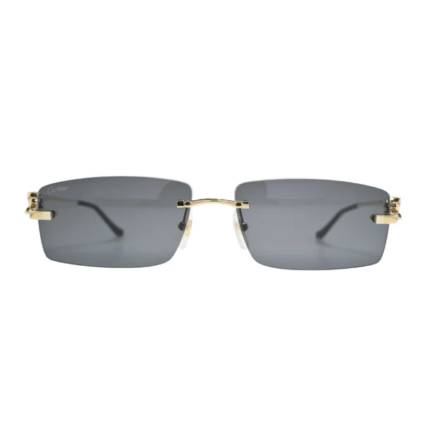 Front view of Panthère rimless Cartier sunglasses CT0430S001 with grey nylon lenses, gold bridge bar and Cartier script on left lens