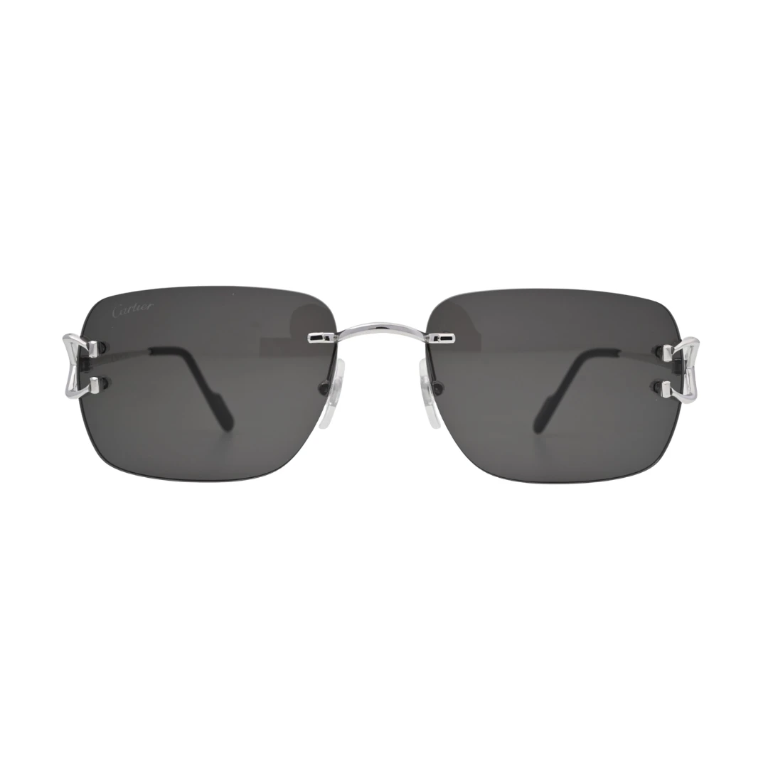 Cartier rimless sunglasses front view CT0330S001 with grey lenses and silver rectangular frame