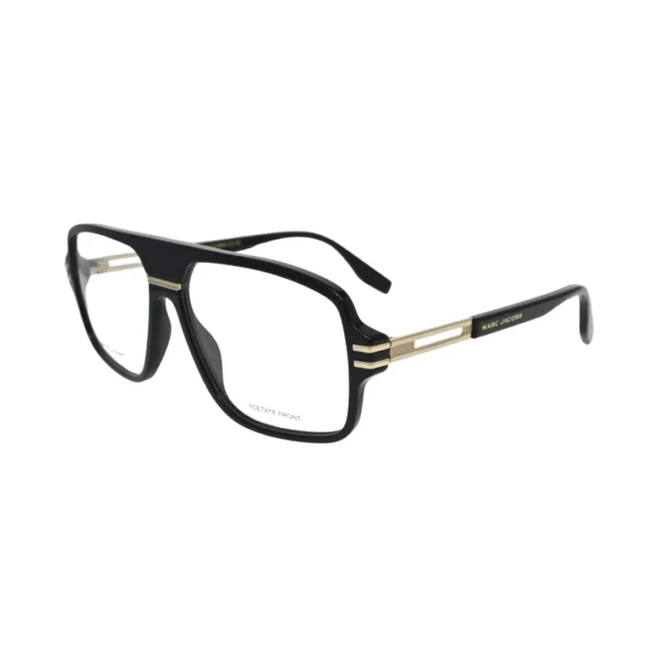 Marc Jacobs rectangular men's eyeglasses black acetate gold temple plate detail side view
