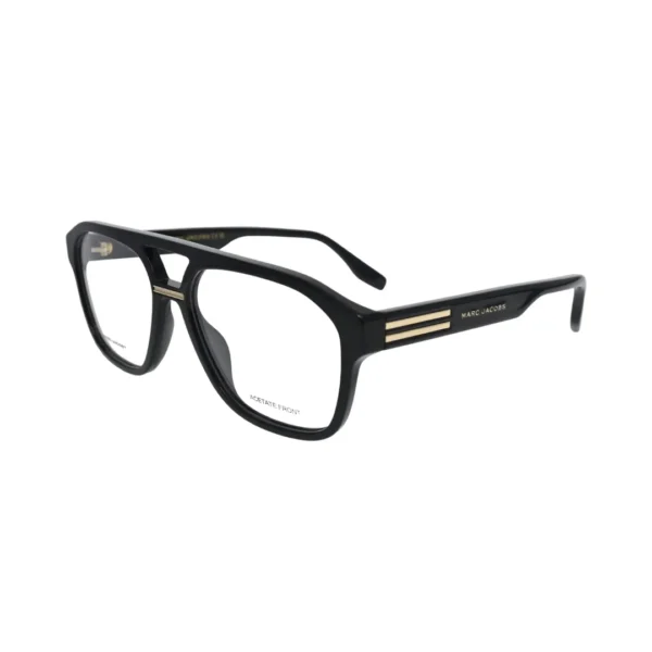 arc Jacobs MARC 845 full-rim black gold navigator eyeglasses — side angle showing double bridge and gold hinge hardware