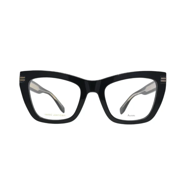 Marc Jacobs black cat eye eyeglasses women MJ1114 — rear view showing inner temple pattern and gold stripe hinge detail