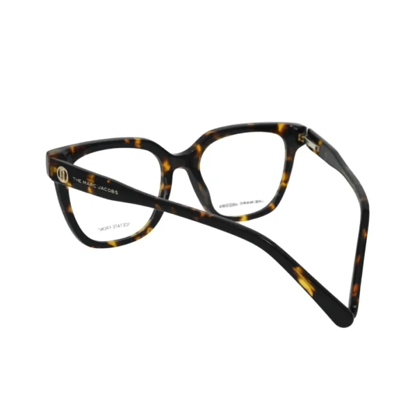 Marc Jacobs square tortoiseshell eyeglasses women Havana — rear angled view showing gold-tone The Marc Jacobs medallion on matching Havana acetate temple