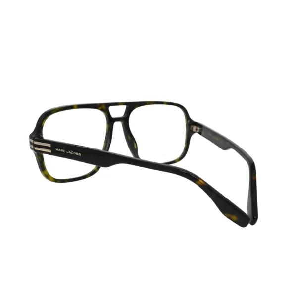 Marc Jacobs oversized navigator eyeglasses men tortoiseshell rear angled view showing near-black temples with triple gold-tone bar detail