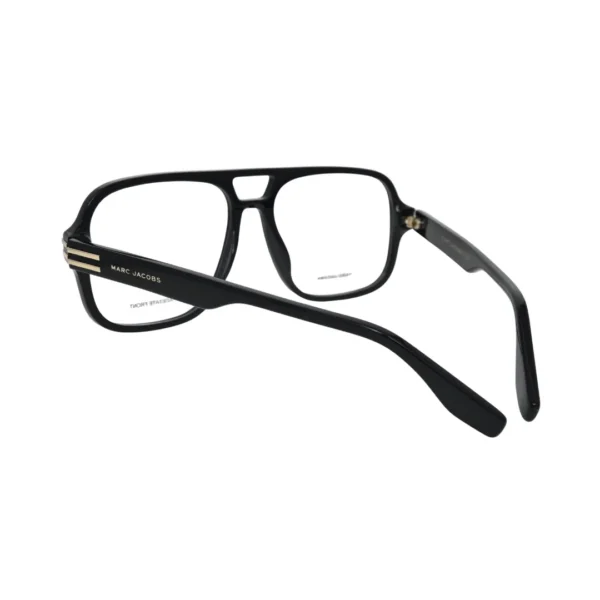 Marc Jacobs MARC 755 black acetate pilot frame men — rear three-quarter view showing gold-tone lug hardware and temple construction