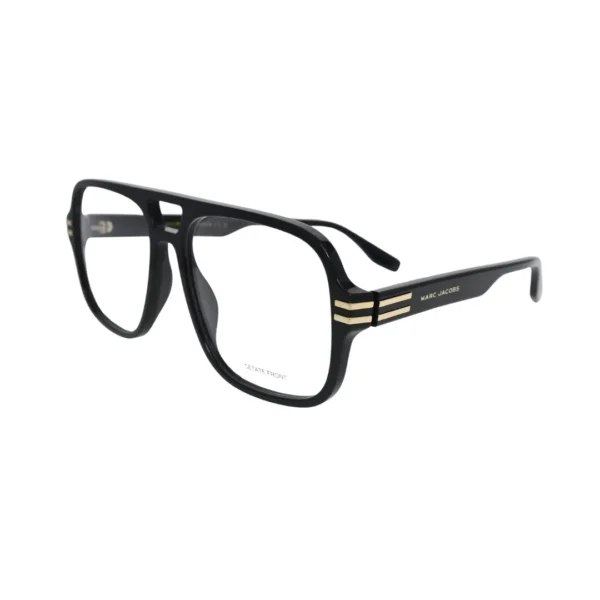 Marc Jacobs MARC 755 oversized pilot eyeglasses men in black acetate — angled side view showing gold-tone double-groove lug and Marc Jacobs temple text