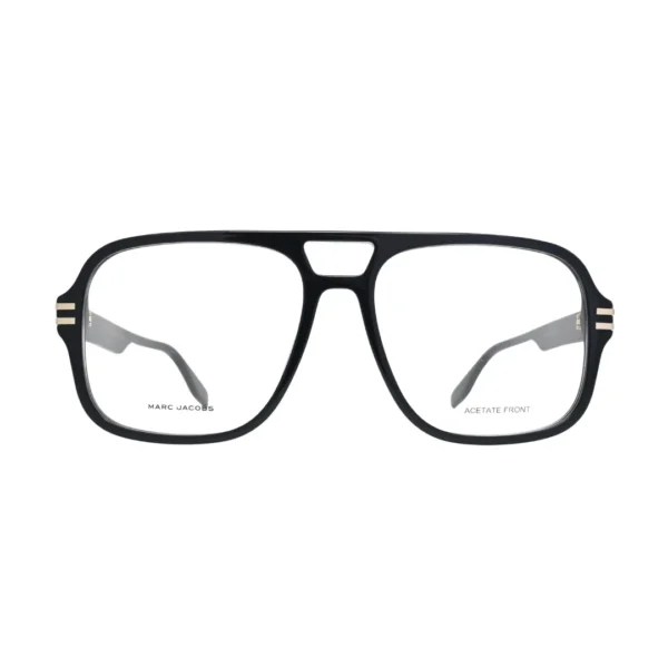 Marc Jacobs MARC 755 807 black — front view showing wide double-bridge construction and large squared clear lens openings in full-rim acetate