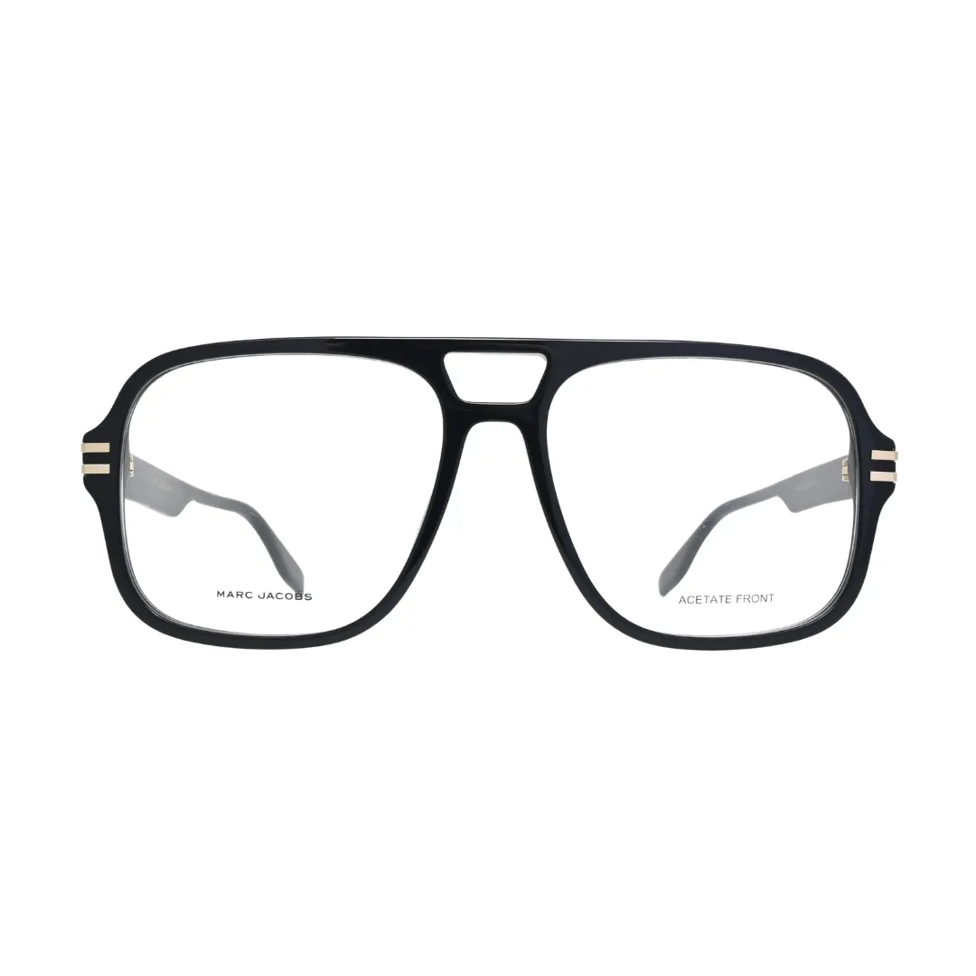 Marc Jacobs MARC 755 807 black — front view showing wide double-bridge construction and large squared clear lens openings in full-rim acetate
