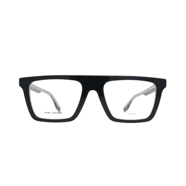 Marc Jacobs MARC 759 black flat-top rectangle frame men — front view showing full-rim construction and grey logo brow print detail