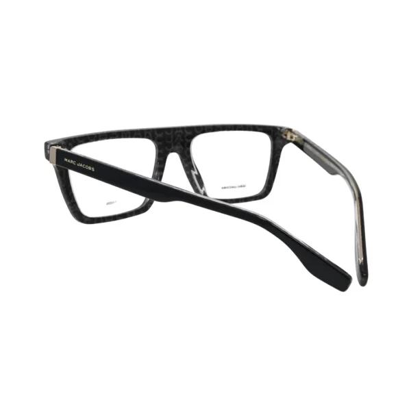 Marc Jacobs MARC 759 black rectangle eyeglasses men — rear three-quarter view showing grey logo print on brow and inner temple surface