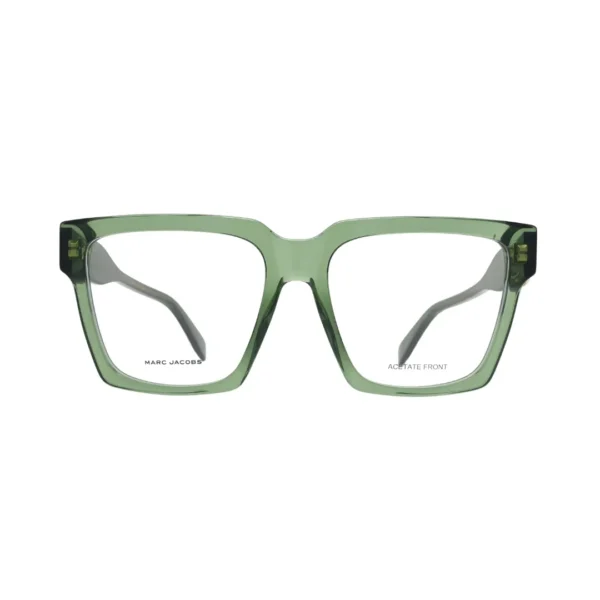 Marc Jacobs MARC 766 green transparent acetate square frame — front view showing full-rim construction and Marc Jacobs inner lens branding
