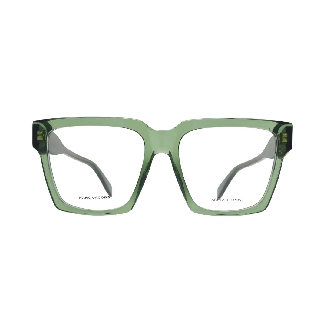 Marc Jacobs MARC 766 green transparent acetate square frame — front view showing full-rim construction and Marc Jacobs inner lens branding