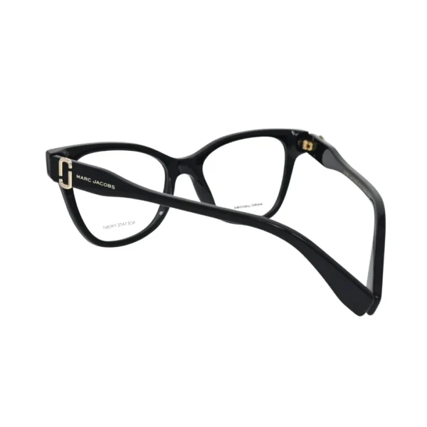 Marc Jacobs MARC 767 black acetate cat-eye frame — rear three-quarter view showing gold-tone hinge hardware and black temple construction