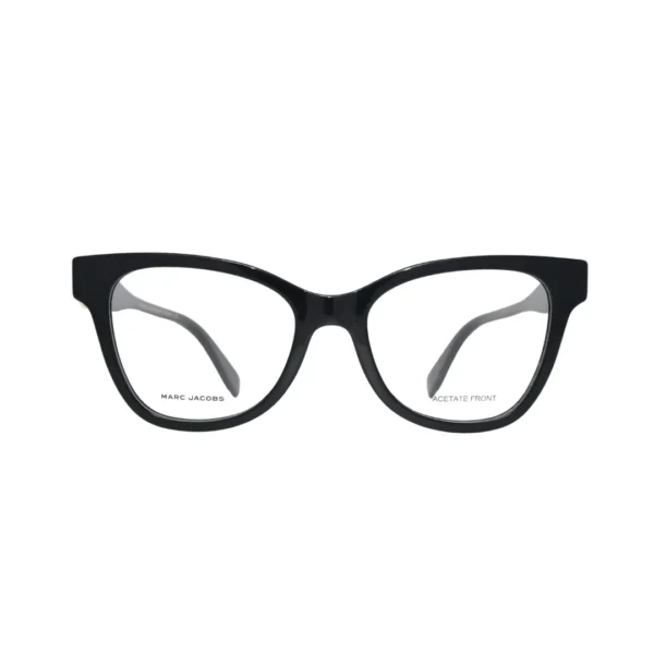 Marc Jacobs MARC 767 807 black — front view showing cat-eye silhouette with arched brow line and clear lens openings in gloss black acetate