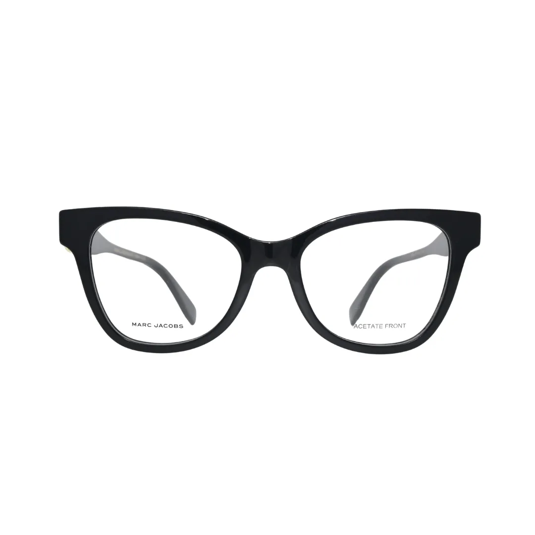 Marc Jacobs MARC 767 807 black — front view showing cat-eye silhouette with arched brow line and clear lens openings in gloss black acetate