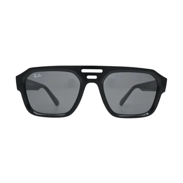 Ray-Ban RB4397 6677/87 black — front view showing flat-top triple-bridge construction and solid dark grey lenses in gloss black bio-acetate frame