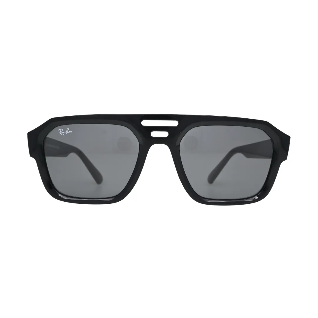 Ray-Ban RB4397 6677/87 black — front view showing flat-top triple-bridge construction and solid dark grey lenses in gloss black bio-acetate frame