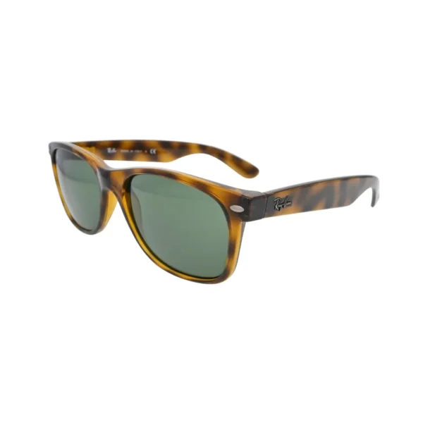 Ray-Ban New Wayfarer Classic RB2132 in tortoise — side angle showing full-rim injected frame and G-15 green solid lens