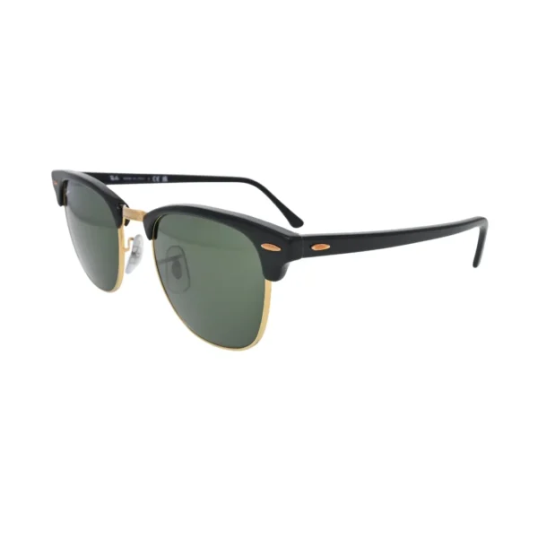 Ray-Ban Clubmaster RB3016 black on gold — side angle showing full browline profile, gold hinge hardware and black acetate temple