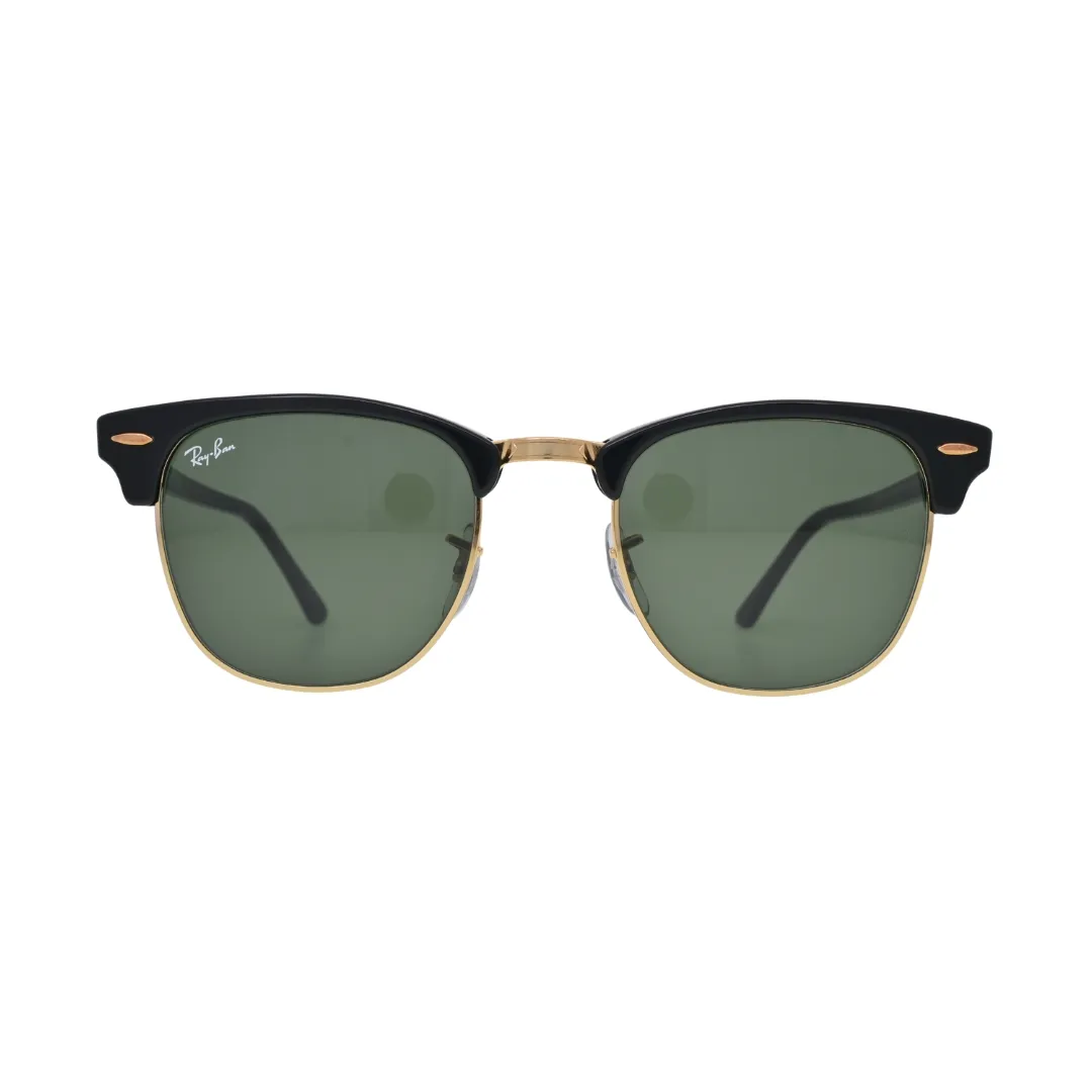 Ray-Ban RB3016 W0365 Clubmaster Classic — front view showing black acetate browline upper, gold metal lower rim and G-15 green lenses