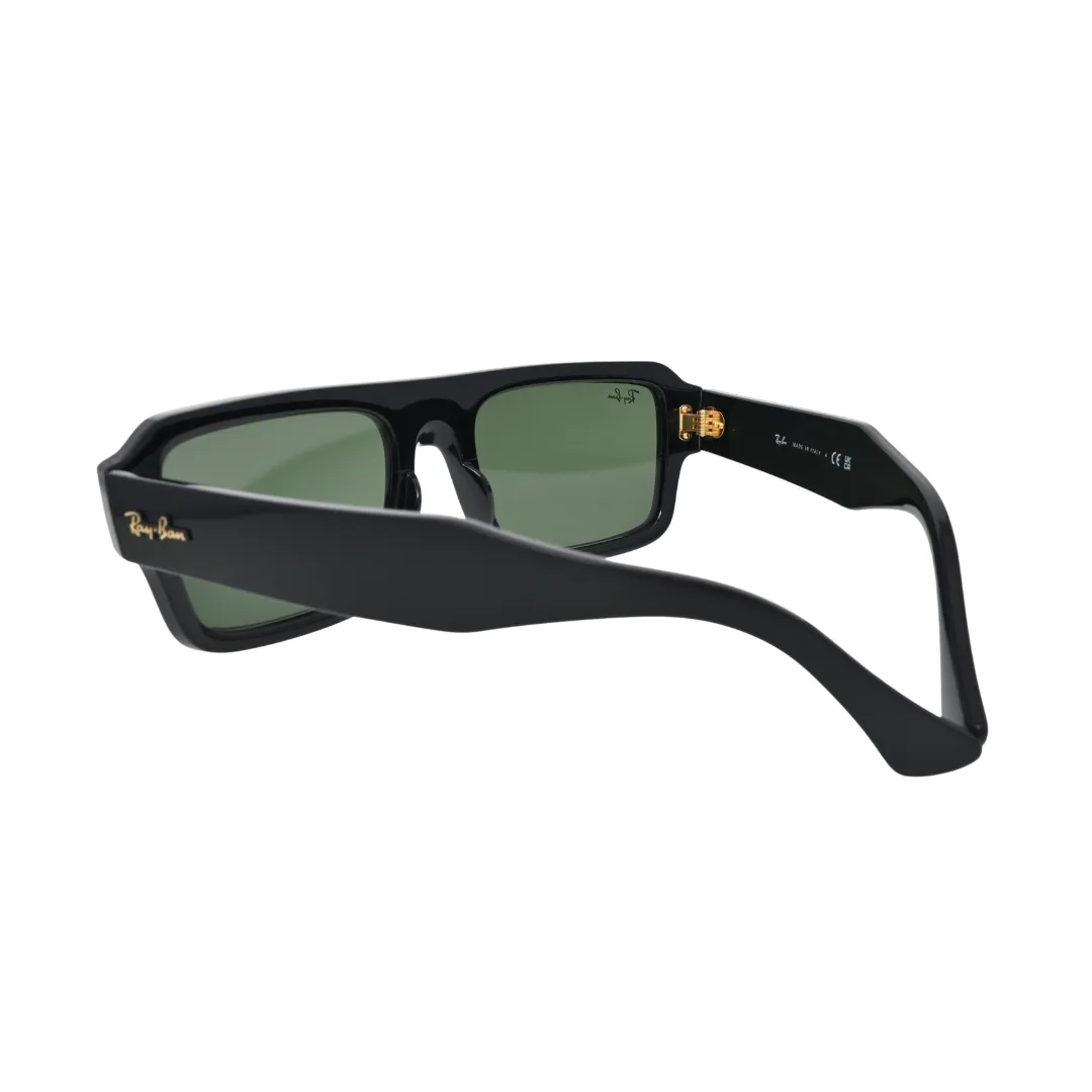 Ray-Ban RB4454 6677/31 black — rear three-quarter view showing full Hawkeye temple width, gold hinge hardware and solid green crystal lenses