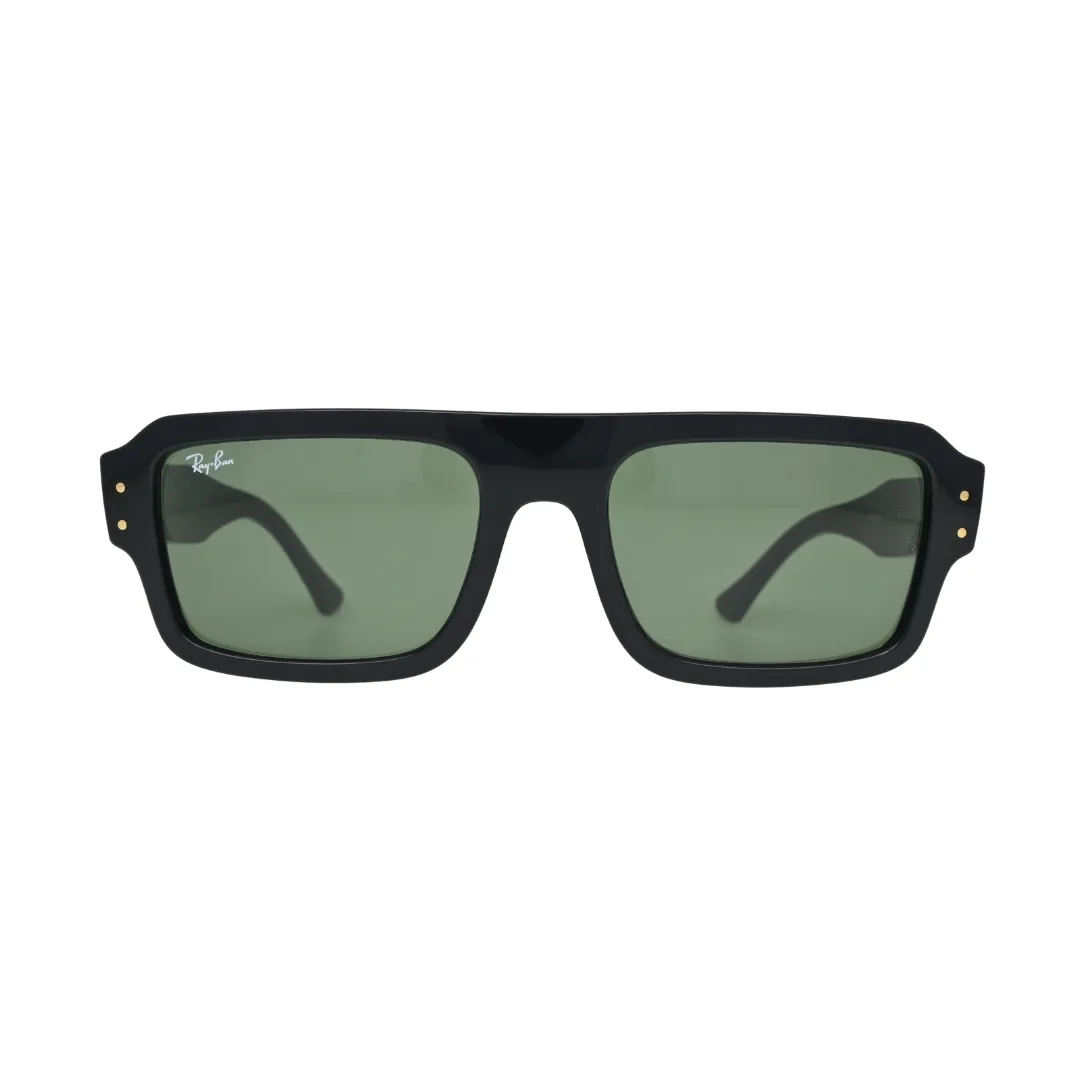 Ray-Ban Lukas RB4454 black acetate rectangle sunglass — front view showing flat-top brow line, gold dot rivets and solid green lenses with Ray-Ban script
