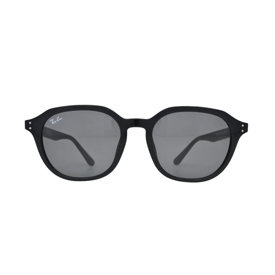 Ray-Ban black square sunglasses dark grey lenses — front view showing geometric cut corners and metal dot rivets on black frame