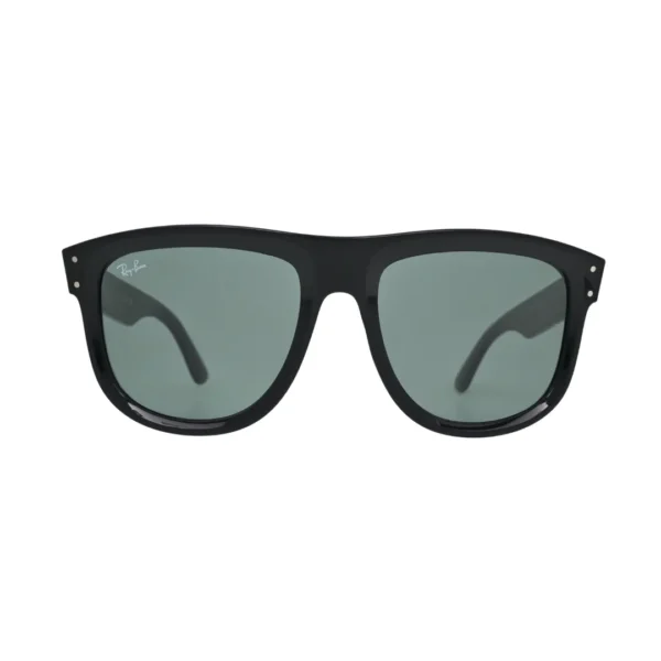 ay-Ban Boyfriend Reverse black flat-top square sunglasses front view — dark green lenses and silver rivet corner details