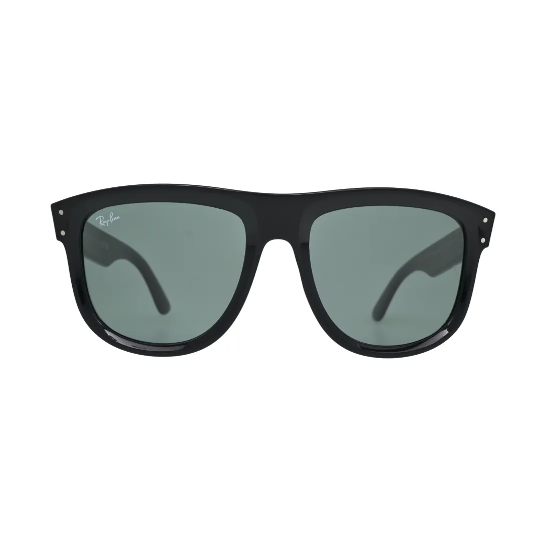ay-Ban Boyfriend Reverse black flat-top square sunglasses front view — dark green lenses and silver rivet corner details