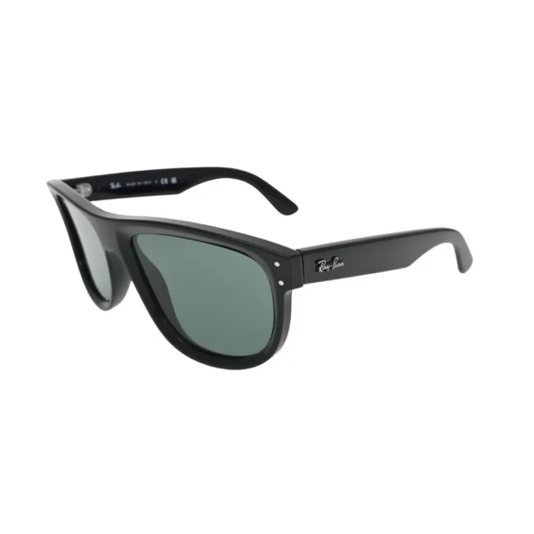 Ray-Ban Boyfriend Reverse RBR0501S 6677VR black flat-top square sunglasses — three-quarter view showing green lenses and silver hinge hardware