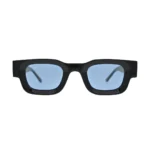 Front view of chunky black rectangle sunglasses with light sky blue lenses and clean integrated bridge showing thick block frame