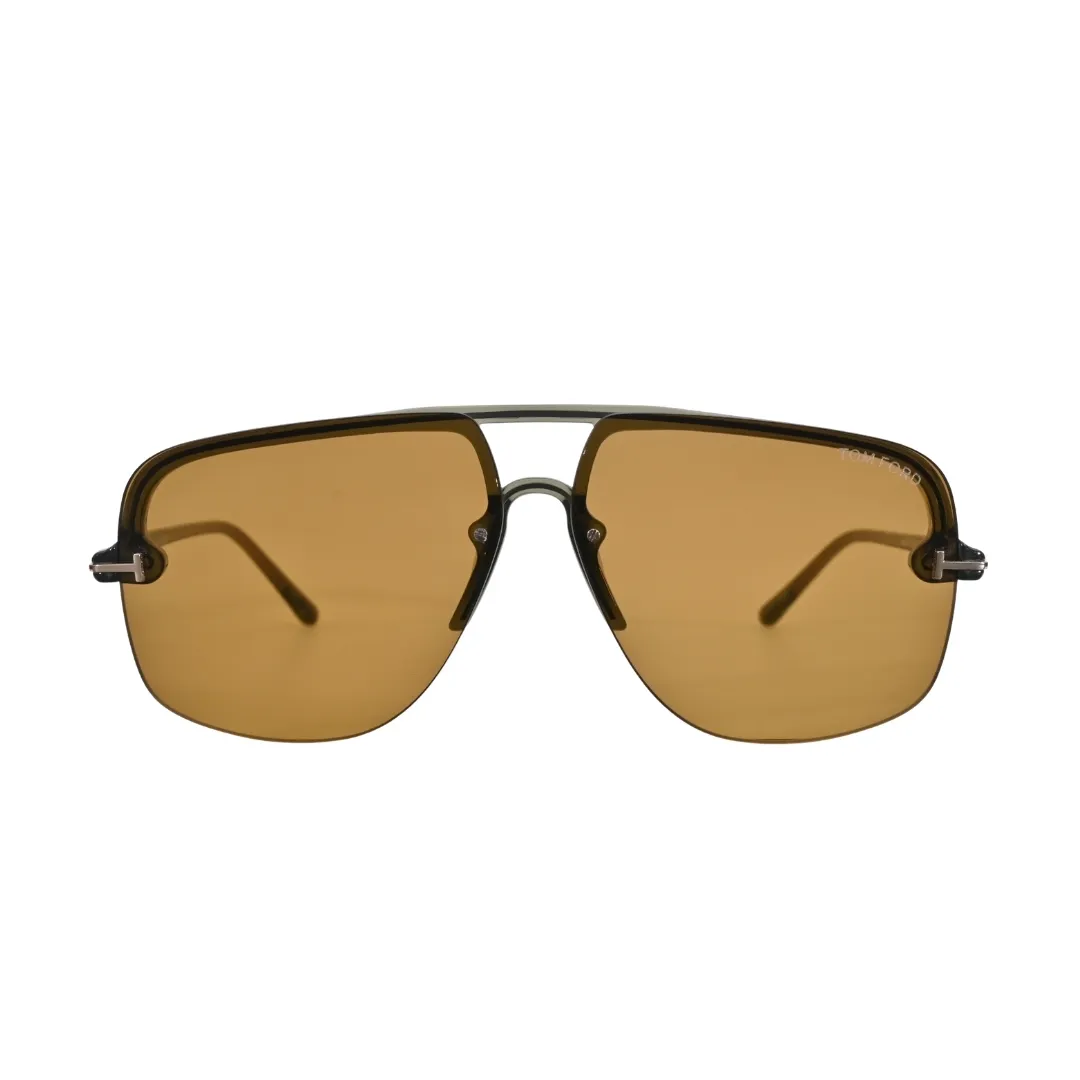 Front view of Tom Ford Hugo-02 TF1003 93E shiny light green navigator sunglasses with brown lenses.