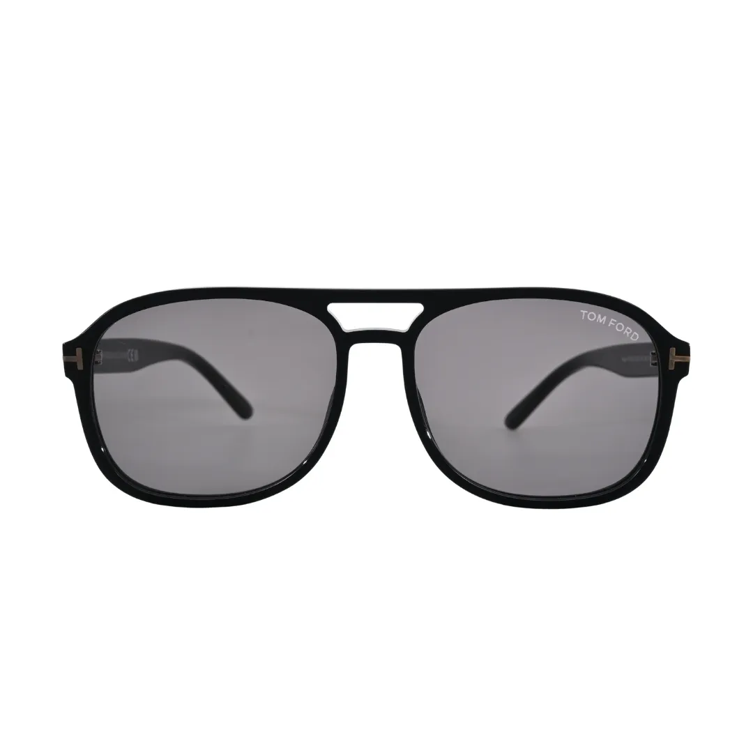 Front view of Tom Ford Rosco TF1022 01A shiny black square sunglasses with dark grey lenses.