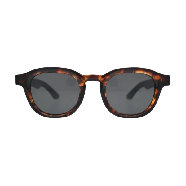 Round tortoise sunglasses front view — thick amber acetate frame with smoke grey tinted lenses, unisex retro style