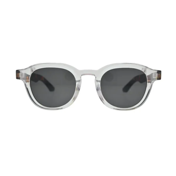 Front view of crystal clear round square sunglasses with tortoise shell arms and dark grey lenses