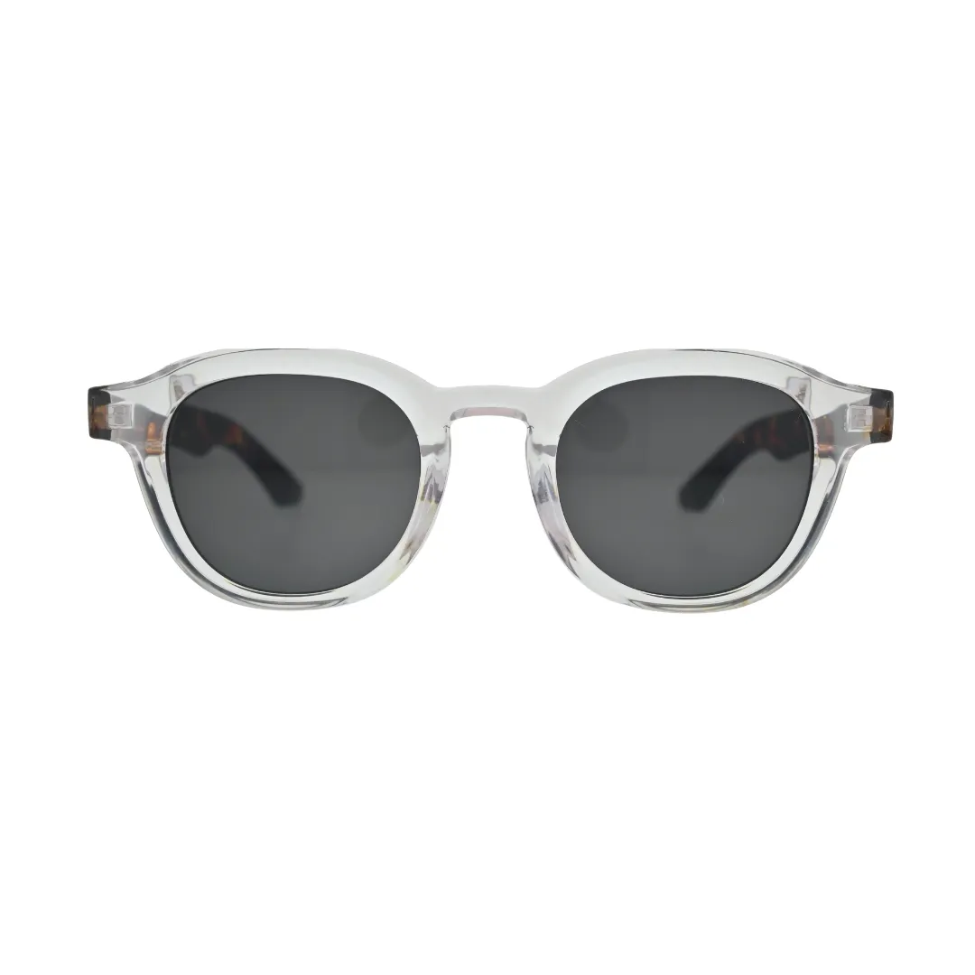 Front view of crystal clear round square sunglasses with tortoise shell arms and dark grey lenses