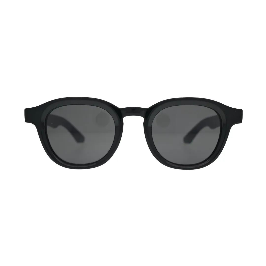 Front view of black panto round sunglasses with flat smoke grey lenses and thick black frame