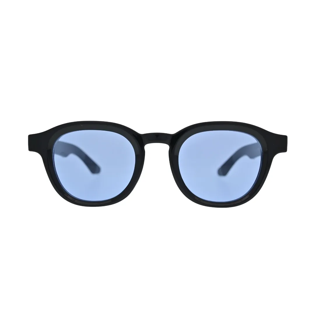 Front view of black frame blue lens panto sunglasses showing cornflower blue flat lenses and thick black acetate-style frame