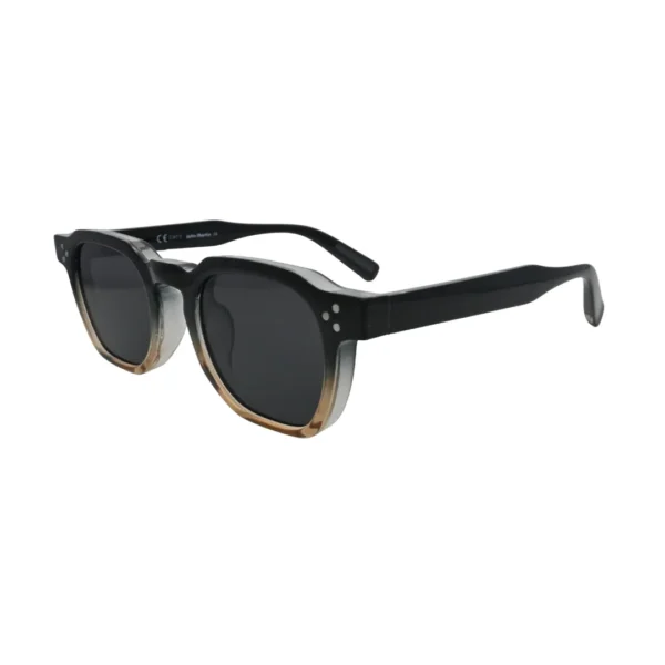 Three-quarter side angle view of two tone black amber square sunglasses showing colour fade frame and smoke grey lenses