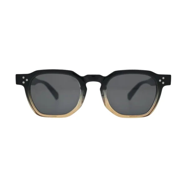 Front view of two tone black to amber gradient square frame sunglasses with flat smoke lenses and silver rivet temple detail