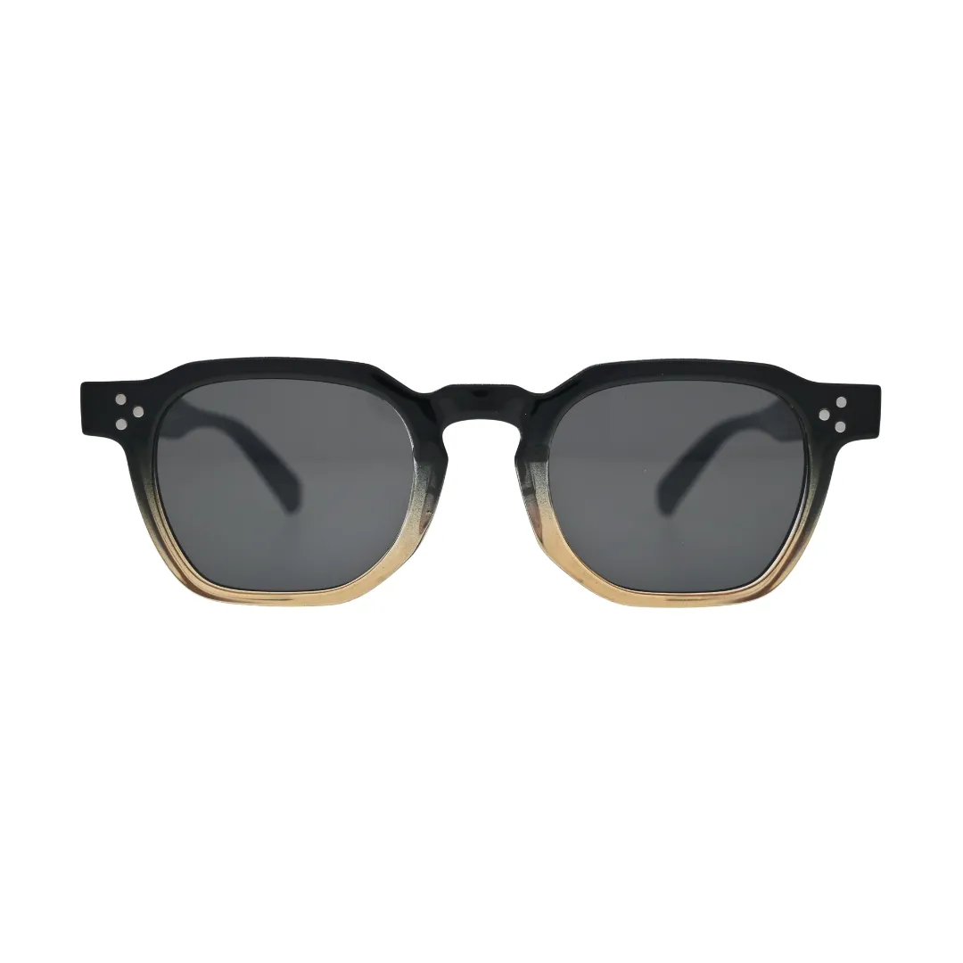 Front view of two tone black to amber gradient square frame sunglasses with flat smoke lenses and silver rivet temple detail
